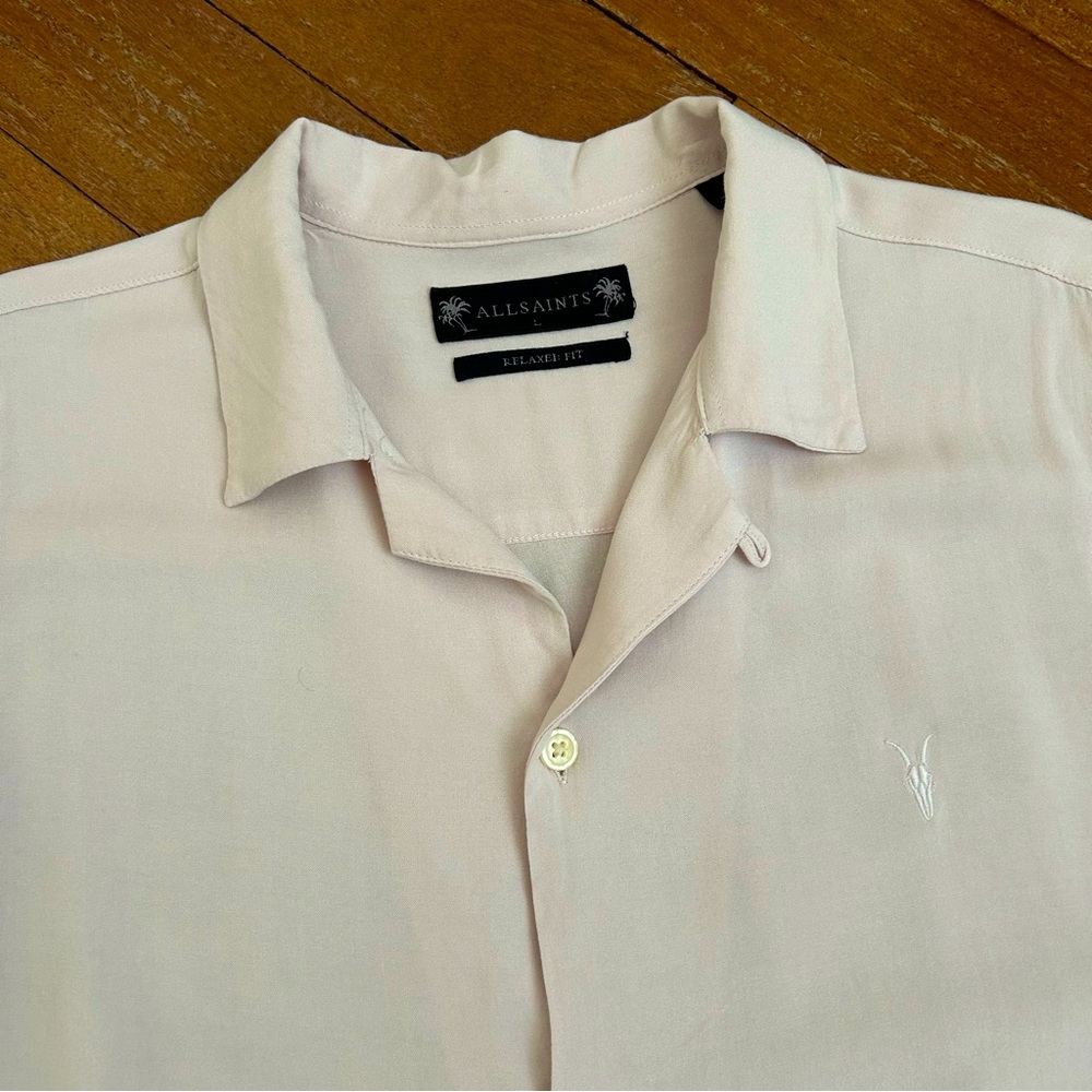 All Saints Venice Revere Collar Ramskull Shirt in Blush Rush